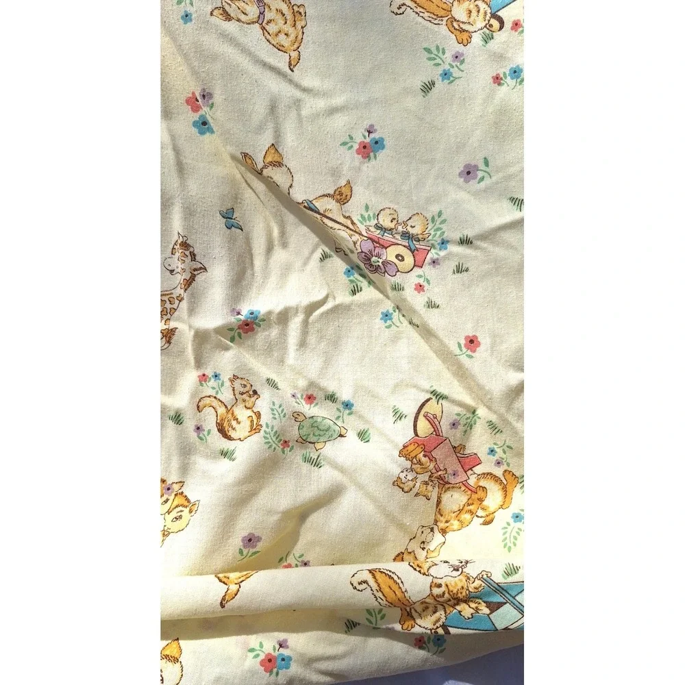 Vintage Woodland Animal Crib Sheet Yellow Squirrel Bunny Turtle Nursery Bedding